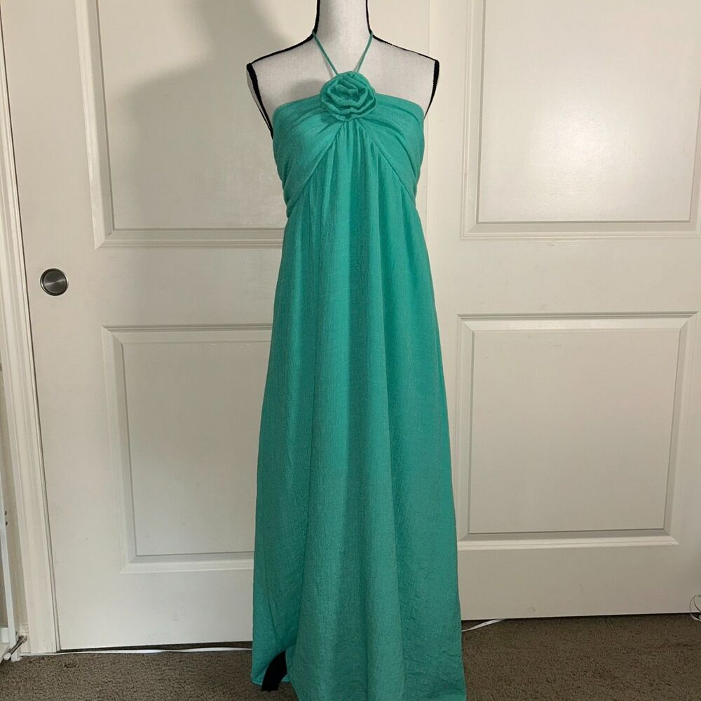 NWT Timing Sz Large Jade Green Maxi Dress Halter Rosette Flower Backless Boho